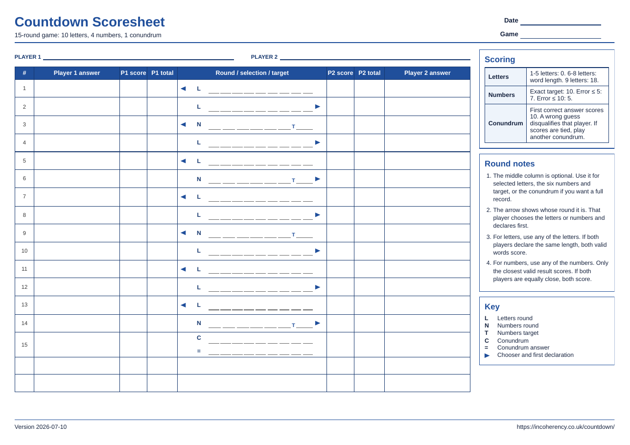 Preview of the printable Countdown scoresheet